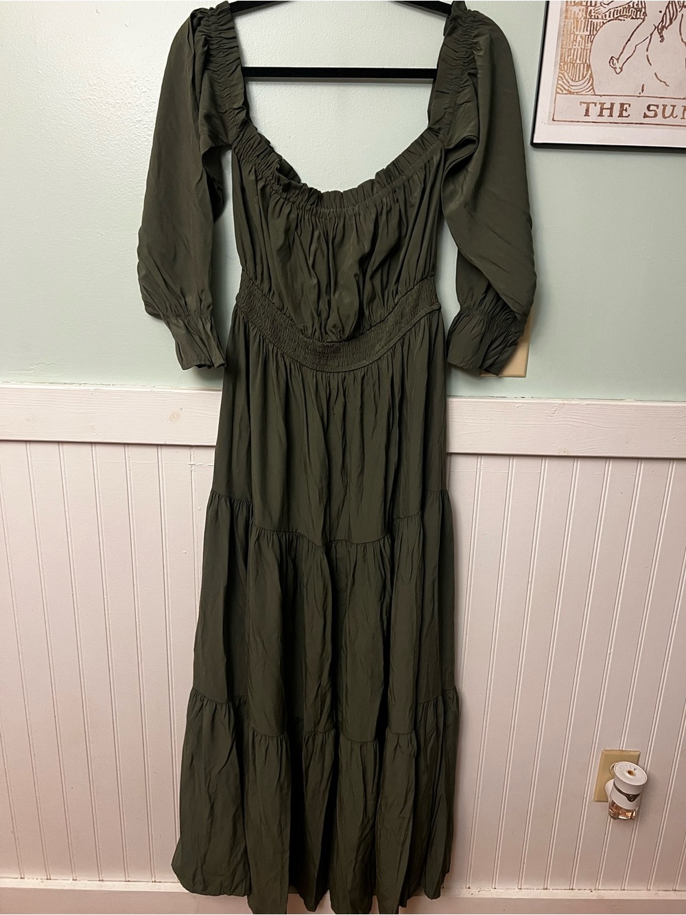 Zesica Olive Green off the shoulder Maxi Dress boho hippie flowy size large